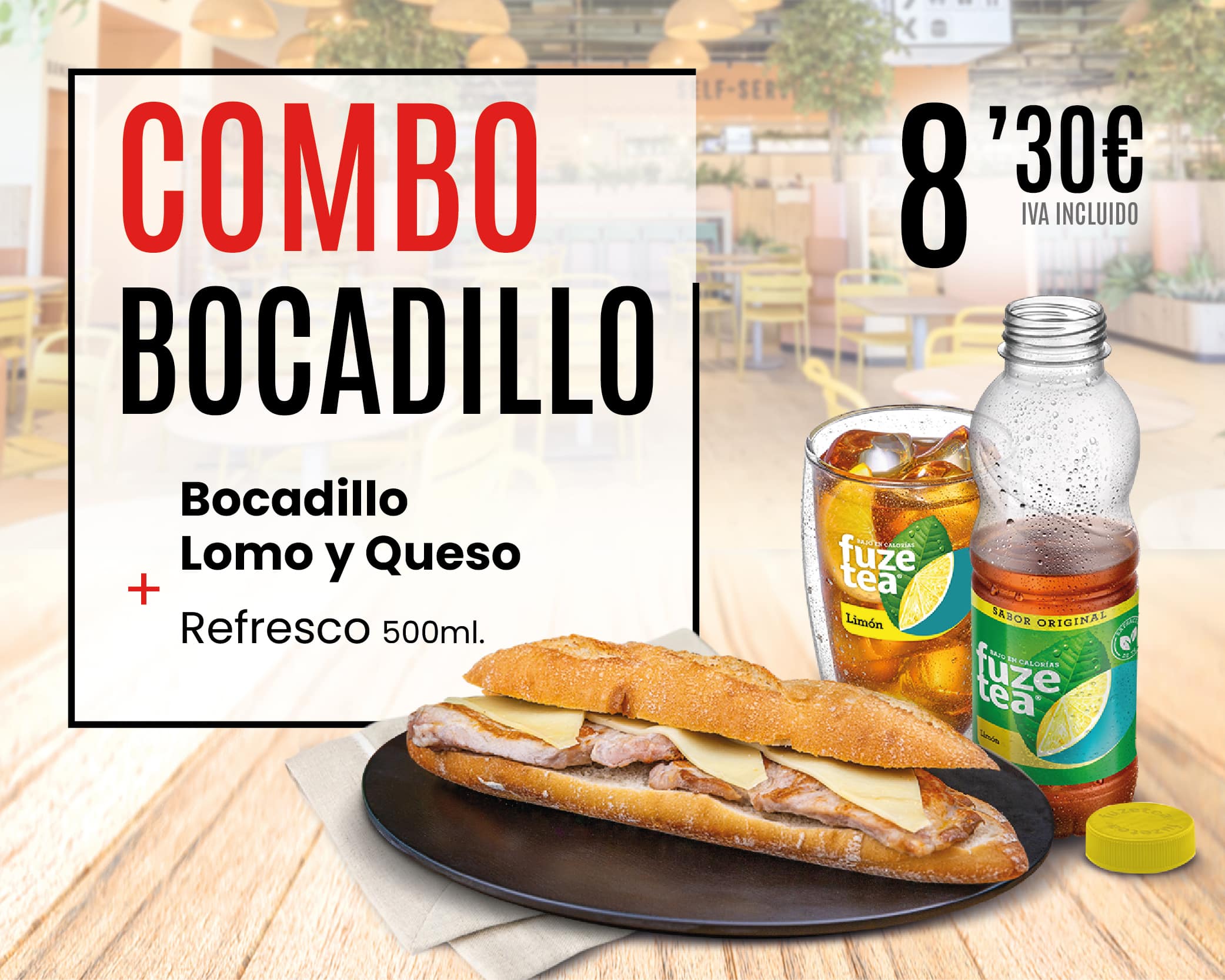Bocadillo de lomo y queso junto con refresco