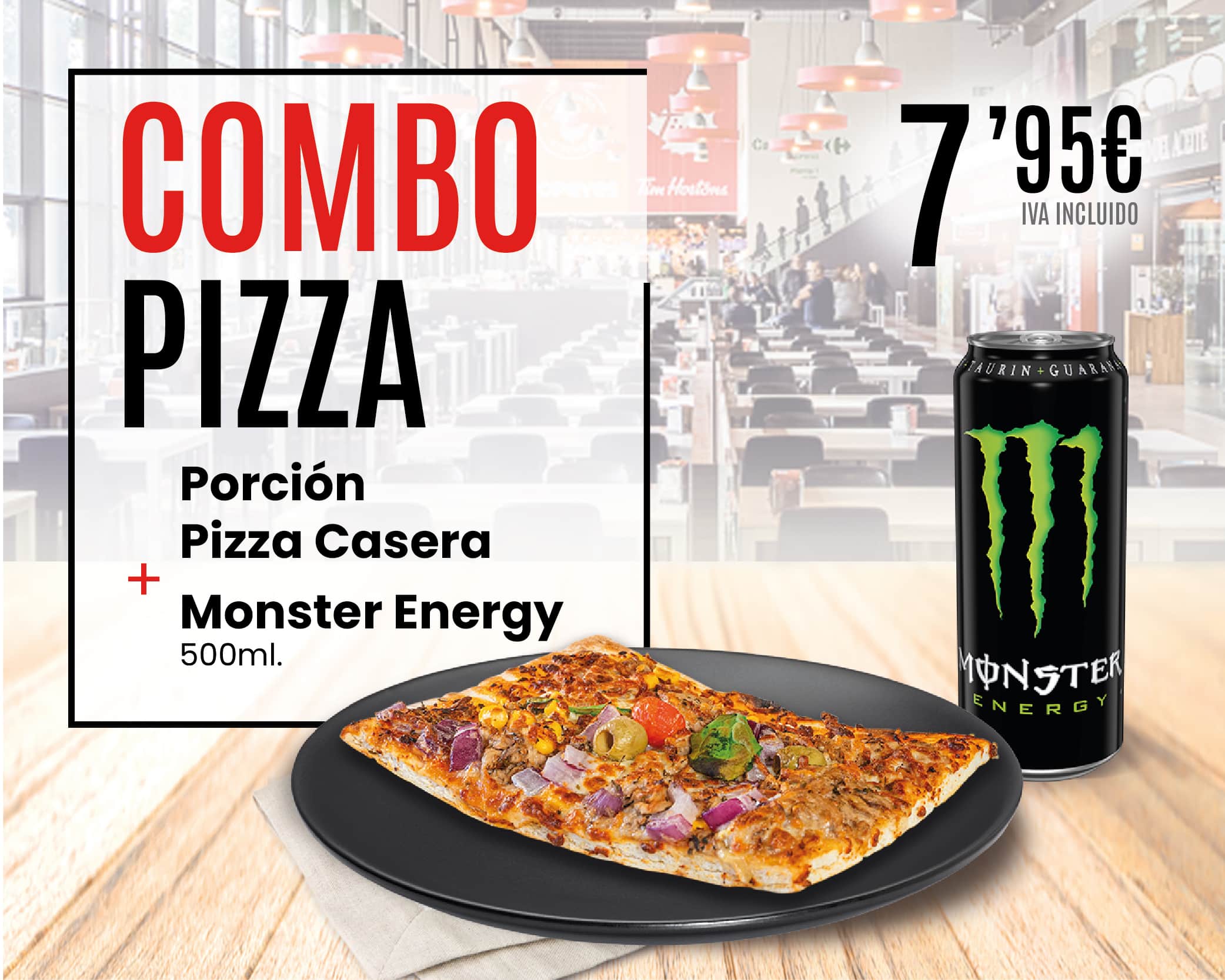 Porción de pizza casera y monster energy